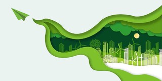 绿色卡通城市树木纸飞机世界住房日展板背景